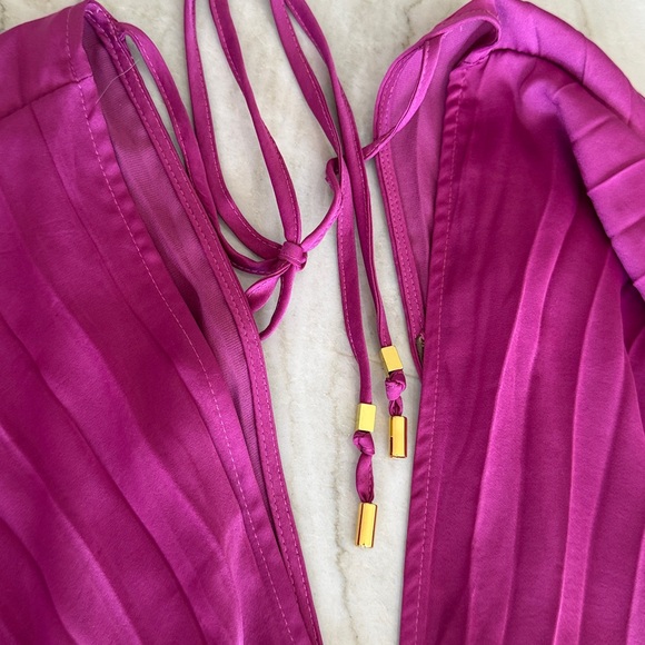 Free People Fuchsia Pleated Long Sleeve V-Neck Mini Dress size XS - Picture 4 of 6